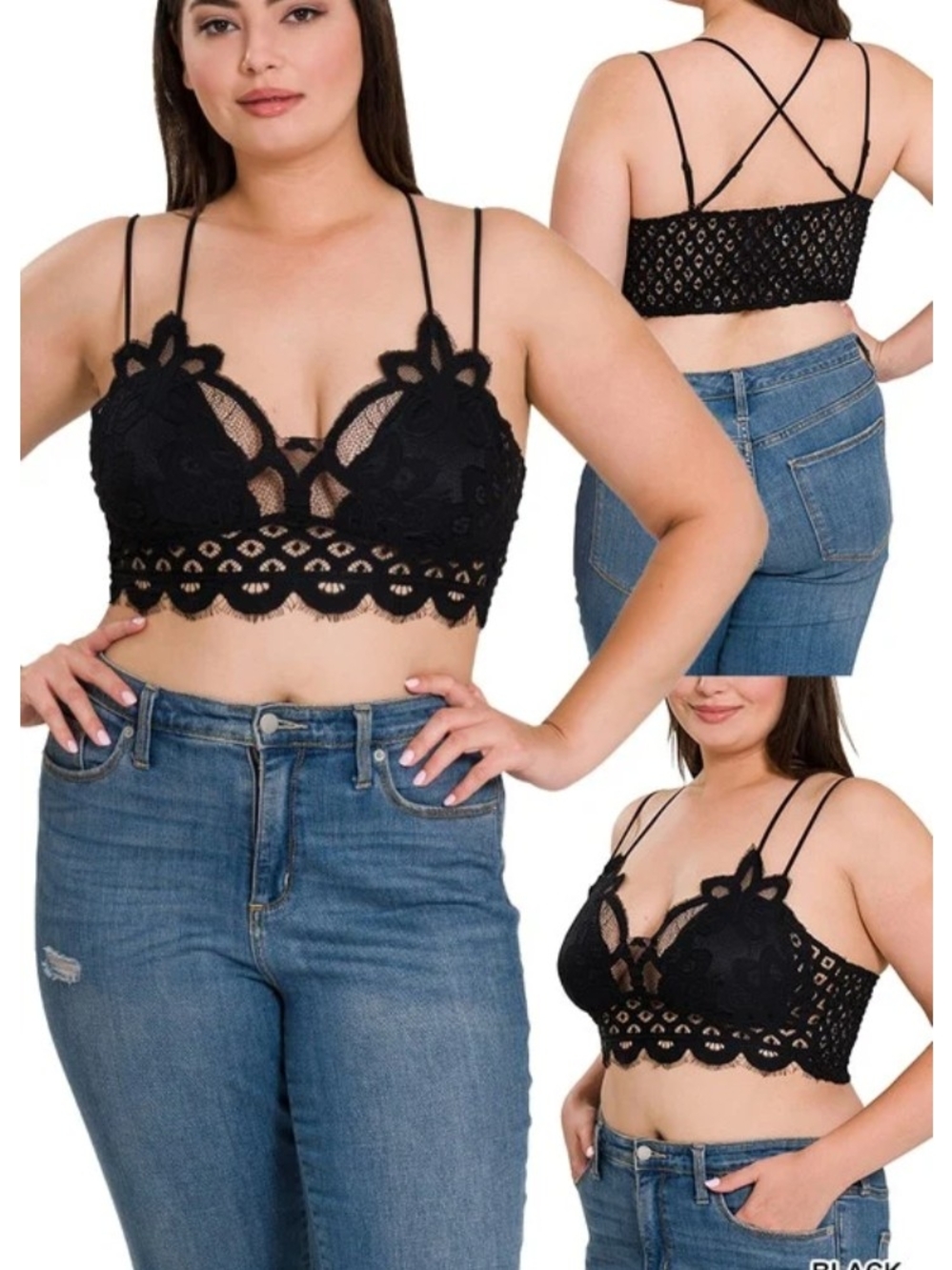 Zenana Women & Plus Crochet Sexy Lace Bralette Smocking Back Bra with Removable